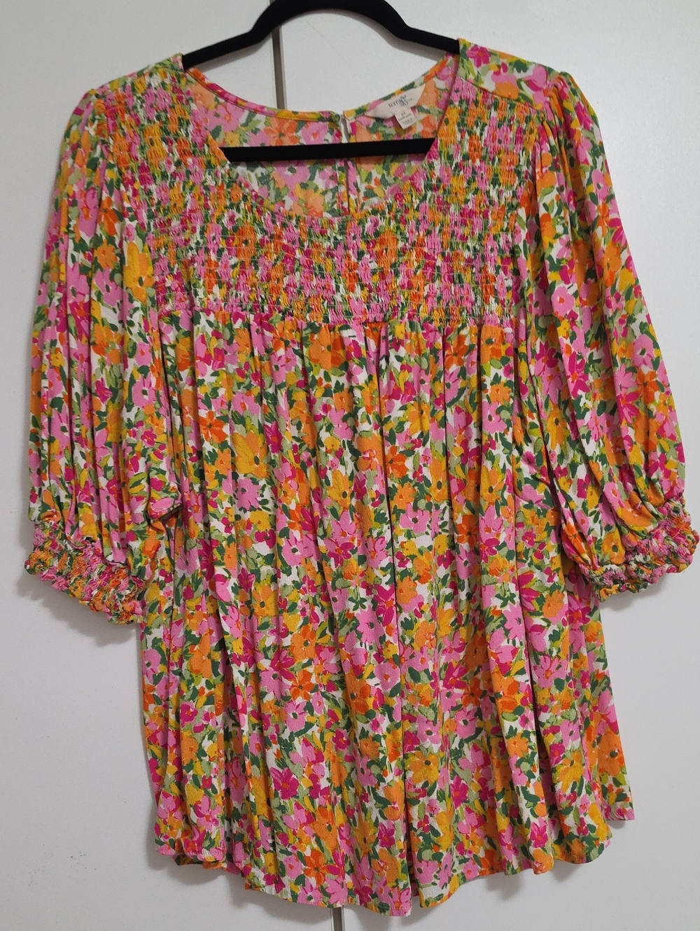 LuLaRoe Floral Smocked Tunic in Pink, Orange & Green